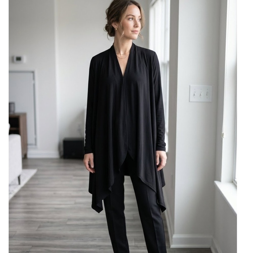Antthony Original Black Open Front Draped Waterfall Cardigan One Size 0653